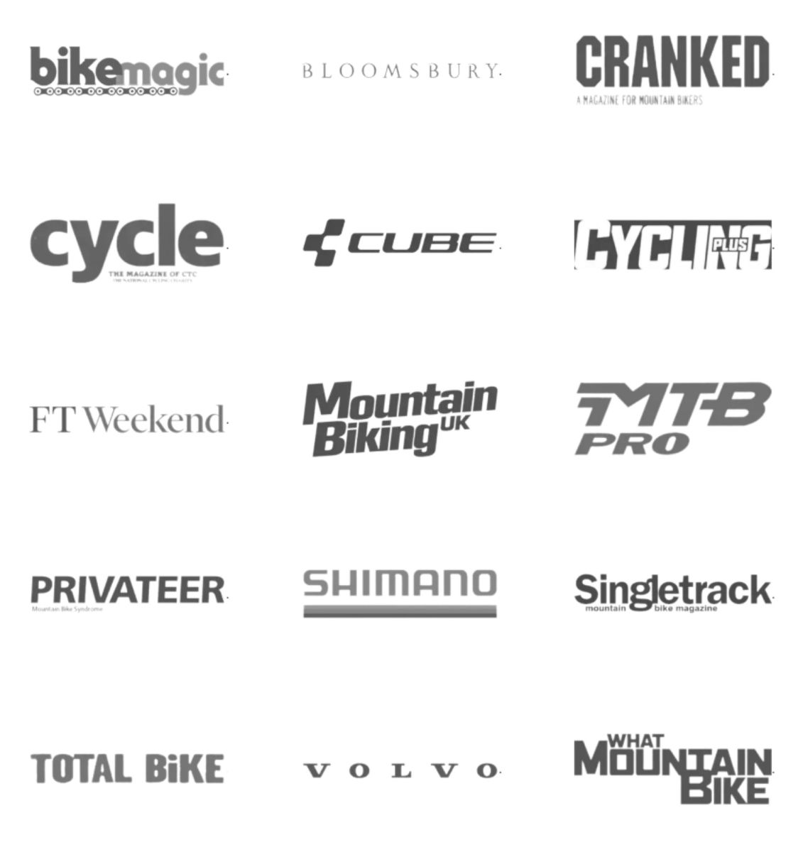 15 greyscale client logos from leading UK cycling magazines and global cycling manufacturers (Bikemagic, Bloomsbury, Cranked, CTC Cycle, Cycling Plus, FT Weekend, MBUK, MTB Pro, Privateer, Shimano, Singletrack, Total Bike, Volvo, What Mountain Bike)